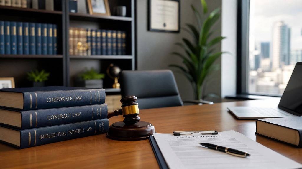 Desk with law books, a gavel and documents in an office with a city view