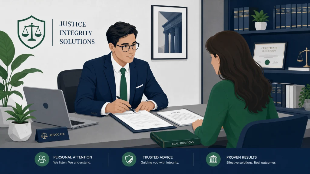 Illustration of a legal advisor meeting a client across a desk with documents